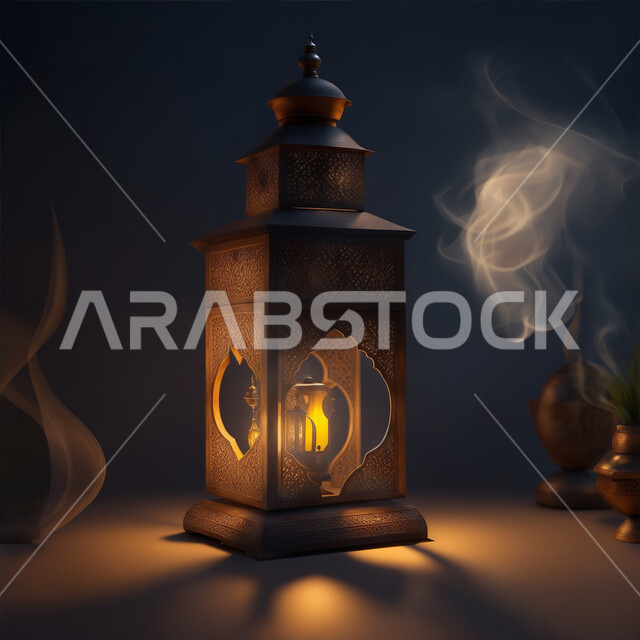 Islamic art for antiques and accessories, Islamic religious holidays and occasions, Arabic metal lantern decorated with light, decorations and golden lights in the spiritual Ramadan atmosphere, celebrating the arrival of the month of goodness, decorations and lighting for the holy month of Ramadan