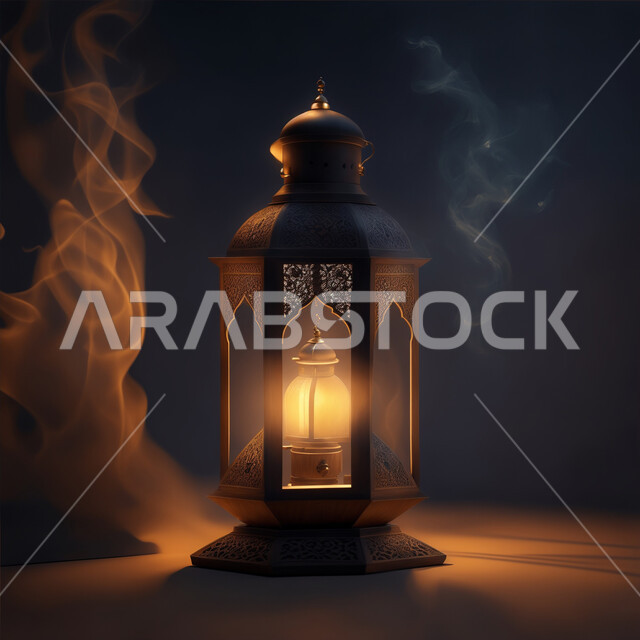 أعياد ومناسبات دينية اسلامية, فانوس عربي معدني مزخرف مضيئ، ديكورات وأنوار ذهبية في الأجواء الرمضانية الروحانية, الاحتفال بقدوم شهر الخير، زينة وإضاءة شهر رمضان المبارك، الفن الاسلامي للتحف والاكسسوارات