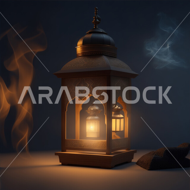 مناسبات وأعياد دينية اسلامية, فانوس عربي معدني مزخرف مضيئ، ديكورات وأنوار ذهبية في الأجواء الرمضانية الروحانية, الاحتفال بقدوم شهر الخير، زينة وإضاءة شهر رمضان المبارك، الفن الاسلامي للتحف والاكسسوارات