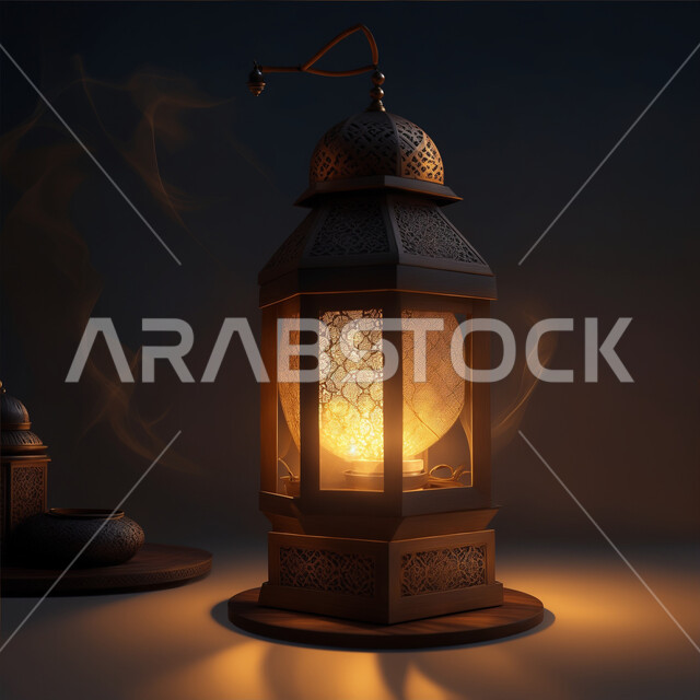 Arabic metal lantern decorated with light, golden decorations and lights in the spiritual Ramadan atmosphere, celebrating the arrival of the month of goodness, decorations and lighting of the holy month of Ramadan, Islamic religious occasions and holidays, Islamic art for antiques and accessories