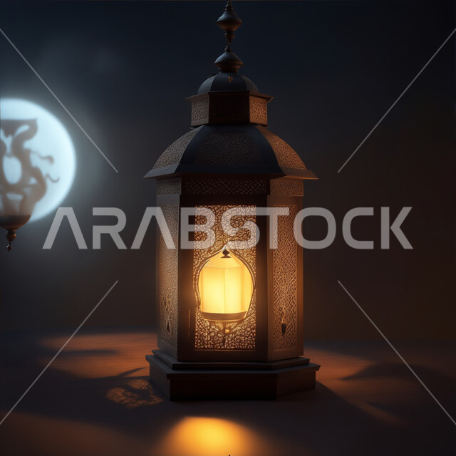 Decorations and golden lights in the spiritual Ramadan atmosphere, celebrating the arrival of the month of goodness, decorations and lighting for the holy month of Ramadan, an illuminated decorative metal Arabic lantern, Islamic religious occasions and holidays, Islamic art for antiques and accessories