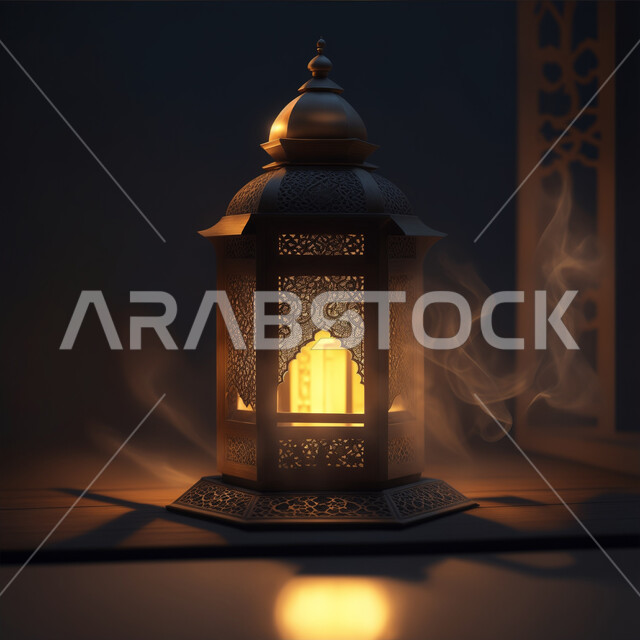 أنوار وديكورات ذهبية في الأجواء الرمضانية الروحانية, الاحتفال بقدوم شهر الخير، زينة وإضاءة شهر رمضان المبارك، فانوس عربي معدني مزخرف مضيئ، مناسبات وأعياد دينية اسلامية, الفن الاسلامي للتحف والاكسسوارات