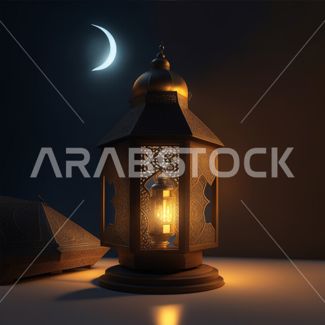  الاحتفال بقدوم شهر الخير، زينة وإضاءة شهر رمضان المبارك، أنوار وديكورات ذهبية في الأجواء الرمضانية الروحانية, فانوس عربي معدني مزخرف مضيئ، مناسبات وأعياد دينية اسلامية, الفن الاسلامي للتحف والاكسسوارات