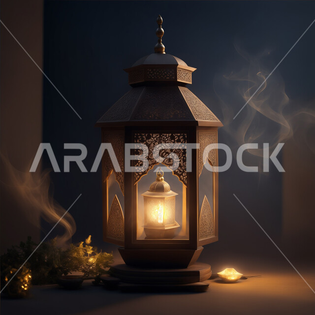 الاستعداد لقدوم شهر الخير، زينة وإضاءة شهر رمضان المبارك، أنوار وديكورات ذهبية في الأجواء الرمضانية الروحانية, فانوس عربي معدني مزخرف مضيئ، مناسبات وأعياد دينية اسلامية, الفن الاسلامي للتحف والاكسسوارات