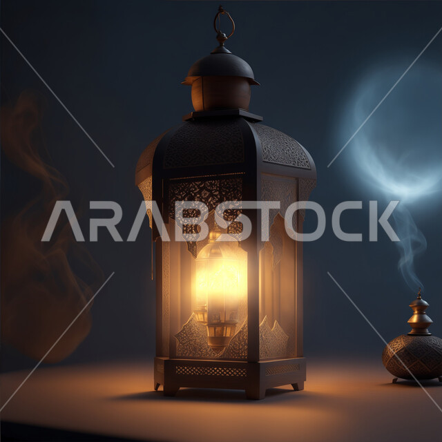 زينة وإضاءة شهر رمضان المبارك، الاستعداد لقدوم شهر الخير، أنوار وديكورات ذهبية في الأجواء الرمضانية الروحانية, فانوس عربي معدني مزخرف مضيئ، مناسبات وأعياد دينية اسلامية, الفن الاسلامي للتحف والاكسسوارات