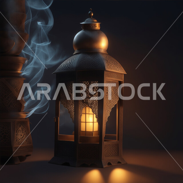 إضاءة وزينة شهر رمضان المبارك، الاستعداد لقدوم شهر الخير، أنوار وديكورات ذهبية في الأجواء الرمضانية الروحانية, فانوس عربي معدني مزخرف مضيئ، مناسبات وأعياد دينية اسلامية, الفن الاسلامي للتحف والاكسسوارات