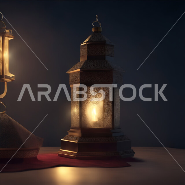 إضاءة وزينة شهر رمضان المبارك، الاستعداد لقدوم شهر الخير، أنوار وديكورات ذهبية في الأجواء الرمضانية الروحانية, فانوس عربي معدني مزخرف مضيئ، مناسبات وأعياد دينية اسلامية, الفن الاسلامي للتحف والاكسسوارات