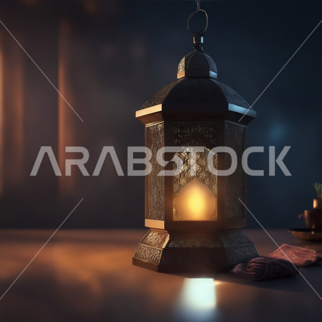 زينة وإضاءة شهر رمضان المبارك، الاستعداد لقدوم شهر الخير، أنوار وديكورات ذهبية في الأجواء الرمضانية الروحانية, فانوس عربي معدني مزخرف مضيئ، مناسبات وأعياد دينية اسلامية, الفن الاسلامي للتحف والاكسسوارات