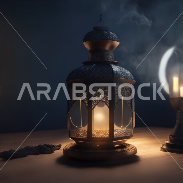 الاستعداد لقدوم شهر الخير، أنوار وديكورات ذهبية في الأجواء الرمضانية الروحانية, فانوس عربي معدني مزخرف مضيئ، مناسبات وأعياد دينية اسلامية, الفن الاسلامي للتحف والاكسسوارات، زينة وإضاءة شهر رمضان المبارك