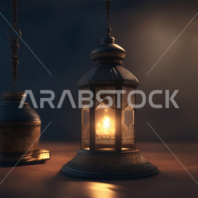 الاحتفال بقدوم شهر الخير، أنوار وديكورات ذهبية في الأجواء الرمضانية الروحانية, فانوس عربي معدني مزخرف مضيئ، مناسبات وأعياد دينية اسلامية, الفن الاسلامي للتحف والاكسسوارات، زينة وإضاءة شهر رمضان المبارك