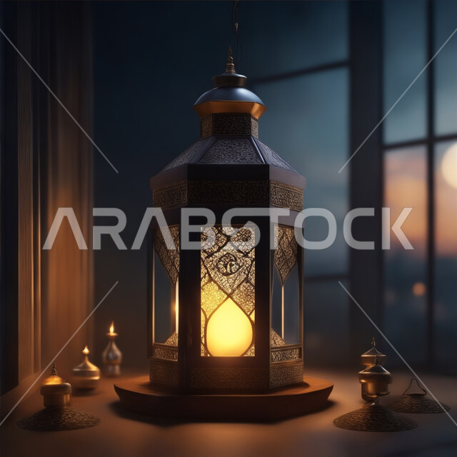 أنوار وديكورات ذهبية في الأجواء الرمضانية الروحانية, فانوس عربي معدني مزخرف مضيئ، مناسبات وأعياد دينية اسلامية, الفن الاسلامي للتحف والاكسسوارات، الاحتفال بقدوم شهر الخير، زينة وإضاءة شهر رمضان المبارك