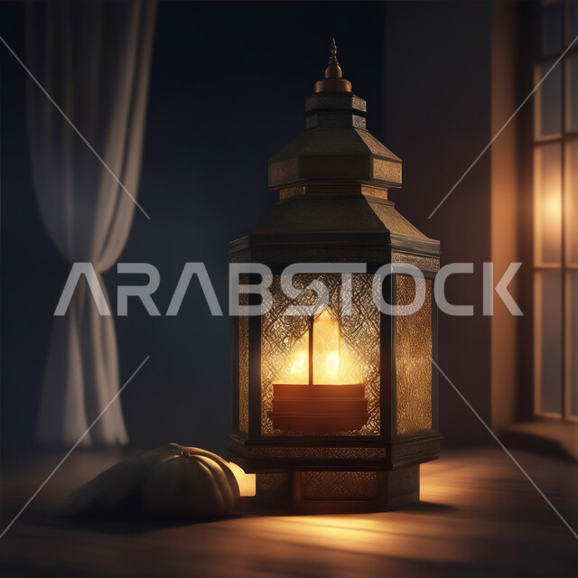مناسبات وأعياد دينية اسلامية, الفن الاسلامي للتحف والاكسسوارات، فانوس عربي معدني مزخرف مضيئ، ديكورات وأنوار ذهبية في الأجواء الرمضانية الروحانية, الاحتفال بقدوم شهر الخير، زينة وإضاءة شهر رمضان المبارك