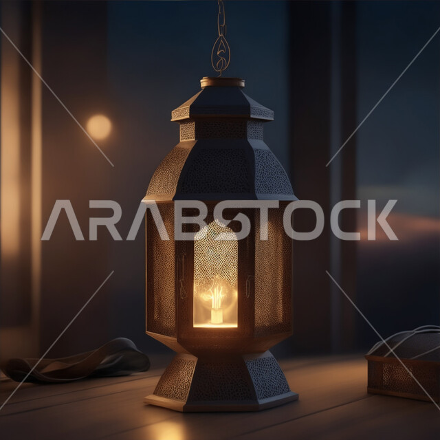 Islamic religious holidays and occasions, Islamic art of antiques and accessories, Arabic decorative metal lantern illuminated, golden decorations and lights in the spiritual Ramadan atmosphere, celebrating the arrival of the month of goodness, decorations and lighting for the holy month of Ramadan