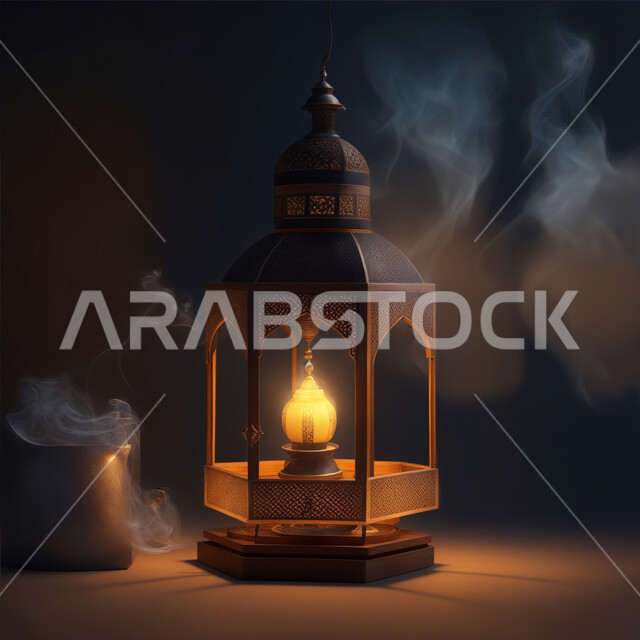 الفن الاسلامي للتحف والاكسسوارات، أعياد ومناسبات دينية اسلامية, فانوس عربي معدني مزخرف مضيئ، ديكورات وأنوار ذهبية في الأجواء الرمضانية الروحانية, الاحتفال بقدوم شهر الخير، زينة وإضاءة شهر رمضان المبارك