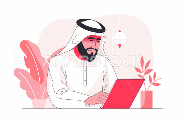 إنجاز المهام عن بعد، رجل عربي خليجي اماراتي يرتدي الكندورة والغترة يجلس على المكتب يعمل على جهاز التابلت المحمول، استخدام التكنولوجيا والتقنيات الحديثة، مهن ووظائف مكتبية، خلفية بيضاء