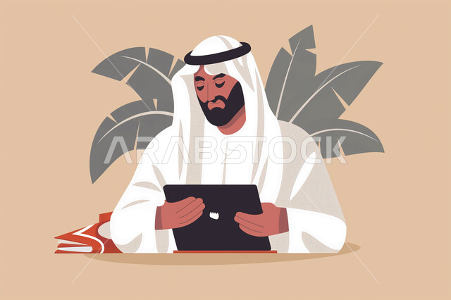 التسوق عبر الانترنت باستخدام التابلت، إنجاز المهام عن بعد، رجل عربي خليجي اماراتي يرتدي الكندورة والغترة يحمل بيده جهاز محمول يقوم بمتابعة أخبار مواقع التواصل الاجتماعي، استخدام التكنولوجيا والتقنيات الحديثة، خلفية وردية