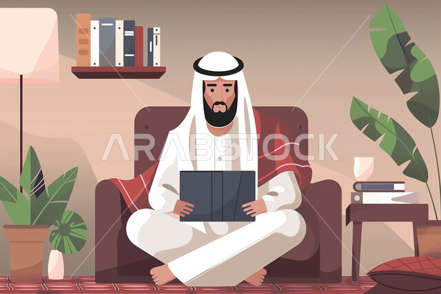 Online shopping using a tablet, completing tasks remotely, an Arab Gulf Emirati man wearing a kandura and a ghutra sitting on the couch holding a mobile device in his hand following social media news, using technology and modern techniques