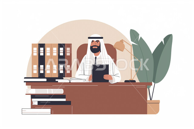 إنجاز المهام عن بعد، رجل عربي خليجي اماراتي يرتدي الكندورة والغترة يجلس على المكتب يعمل على جهاز التابلت المحمول، استخدام التكنولوجيا والتقنيات الحديثة، مهن ووظائف مكتبية، خلفية بيضاء