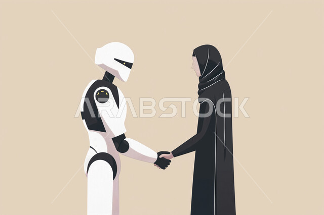 Future vision 2030, development of artificial intelligence, science and technology, greeting and peace, digital transformation and technological progress, achieving the industrial revolution, veiled Saudi Arabian Gulf woman wearing a black abaya shaking hands with a robot, presenting modern technologies, beige background