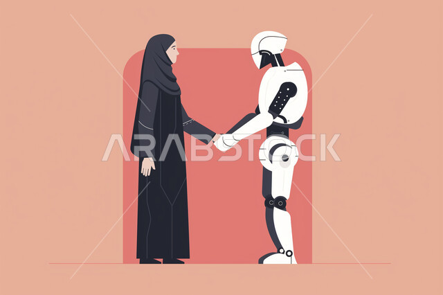 تقدم التقنيات الحديثة، رؤية مستقبلية 2030، تطور الذكاء الاصطناعي والعلوم والتكنولوجيا، إلقاء التحيه والسلام، التحول الرقمي والتقدم التقني، تحقيق الثورة الصناعية، امرأة عربية خليجية سعودية محجبة ترتدي عباءة سوداء تقوم بمصافحة روبوت، خلفية وردية