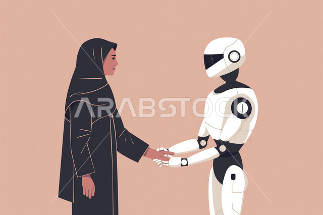 Advancement of modern technologies, future vision 2030, development of artificial intelligence, science and technology, greeting and peace, digital transformation and technological progress, achieving the industrial revolution, veiled Saudi Arabian Gulf woman wearing a black abaya shaking hands with a robot, pink background