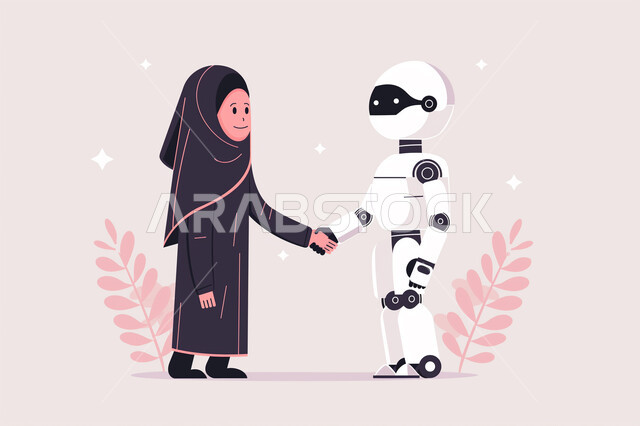 تحقيق الثورة الصناعية، تقدم التقنيات الحديثة، رؤية مستقبلية 2030، تطور الذكاء الاصطناعي والعلوم والتكنولوجيا، إلقاء التحيه والسلام، التحول الرقمي والتقدم التقني، امرأة عربية خليجية سعودية محجبة ترتدي عباءة سوداء تقوم بمصافحة روبوت، خلفية وردية