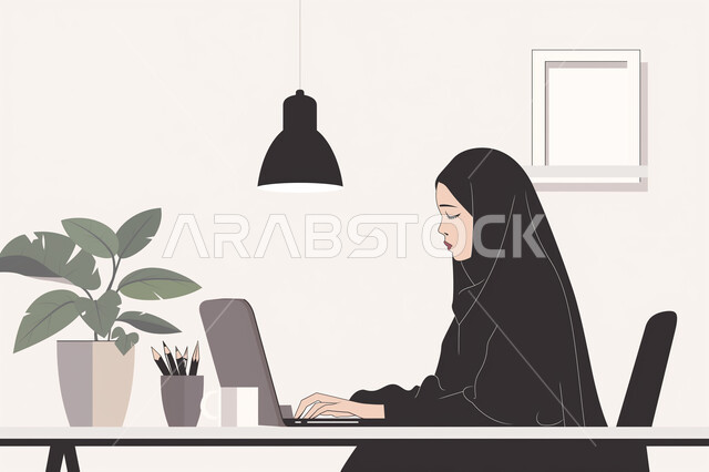 Using technology and modern techniques, completing tasks remotely, office jobs and professions, a veiled Saudi Arabian Gulf woman wearing a black abaya sitting at a desk working on a laptop