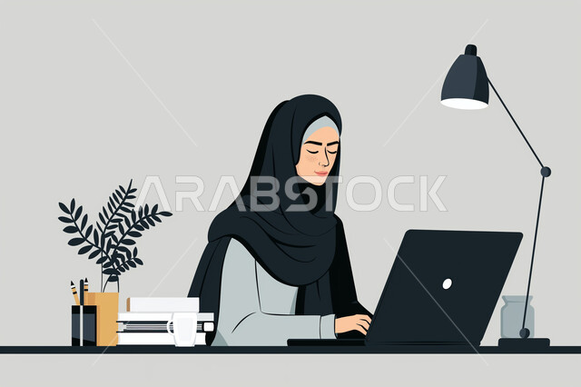 Office jobs and professions, using technology and modern techniques, completing tasks remotely, veiled Saudi Arabian Gulf woman wearing black abaya sitting at desk working on laptop, gray background