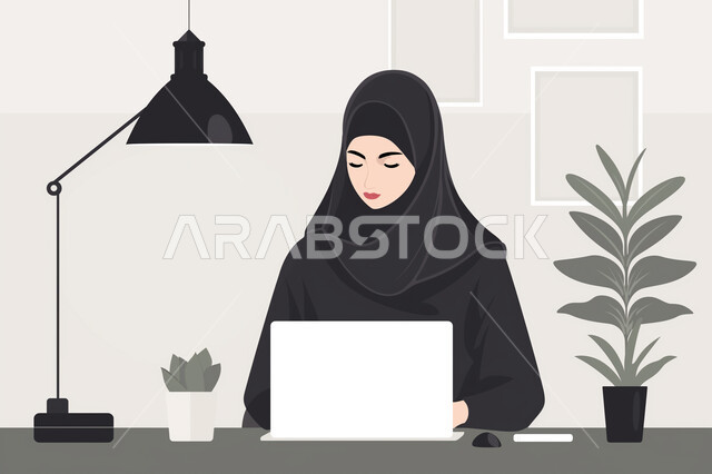 Doing tasks remotely, office jobs and professions, using technology and modern techniques, veiled Saudi Arabian Gulf woman wearing black abaya sitting at desk working on laptop