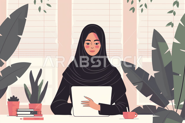 مهن ووظائف مكتبية، إنجاز المهام عن بعد، استخدام التكنولوجيا والتقنيات الحديثة، امرأة عربية خليجية سعودية محجبة ترتدي عباءة سوداء تجلس على المكتب تعمل على جهاز الحاسوب المحمول 