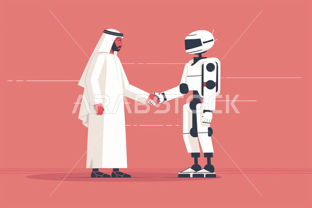التحول الرقمي والتقدم التقني، إلقاء التحيه والسلام، رؤية مستقبلية 2030، تطور الذكاء الاصطناعي والعلوم والتكنولوجيا، تحقيق الثورة الصناعية، رجل عربي خليجي اماراتي يرتدي الكندورة والغترة يقوم بمصافحة روبوت، تقدم التقنيات الحديثة، خلفية وردية