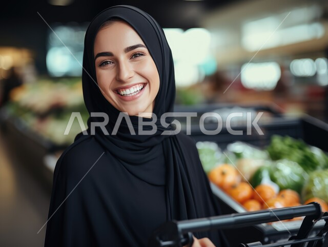 التسوق وشراء الحاجات من المراكز التجارية، الاستفادة من التخفيضات والعروض والخصومات على المنتجات، سيدة عربية خليجية سعودية محجبة مبتسمة ترتدي العباءة السوداء تنظر الى الكاميرا تمسك بيدها سلة التسوق، قضاء وقت ممتع في المول