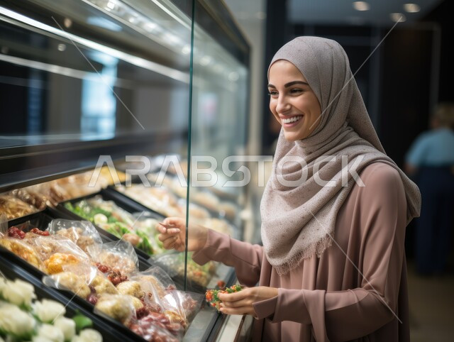 التسوق وشراء الحاجات من المراكز التجارية، سيدة عربية خليجية سعودية محجبة مبتسمة ترتدي العباءة  تقف امام البراد تقوم بالنظر إلى المنتجات الغذائية، قضاء وقت ممتع في التبضع من المول