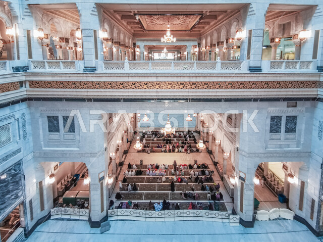 Women's prayer hall in King Abdullah's expansion of the Grand Mosque, luxurious Islamic gypsum decorations on the ceilings, the Grand Mosque in Mecca, Saudi Arabia, religious landmarks and holy places, the concept of worship and drawing closer to God Almighty