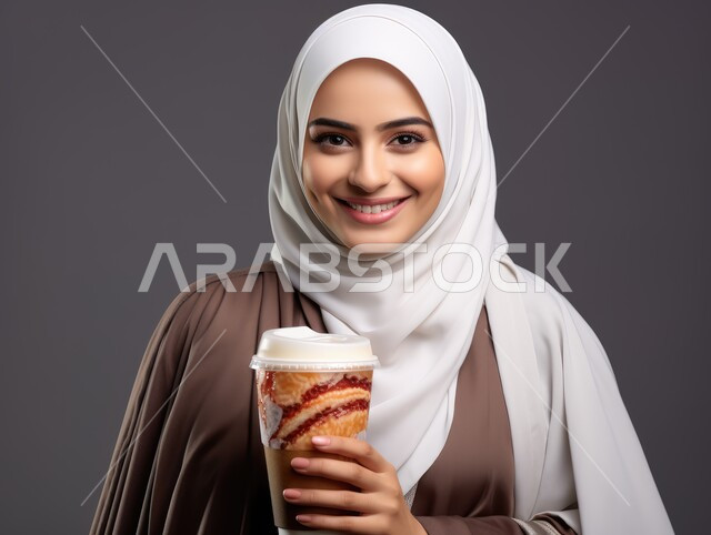 الاستمتاع باحتساء المشروب المفضل، بورتريه مقرب لسيدة عربية خليجية سعودية محجبة مبتسمة تمسك بيدها كوب من العصير تنظر الى الكاميرا بإيماءات السرور، الاهتمام بالأناقة والمظهر الخارجي، خلفية ملونة