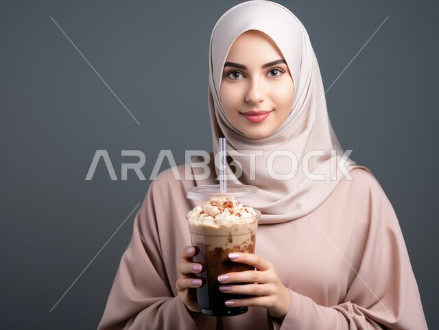 الاستمتاع باحتساء المشروب المفضل، بورتريه مقرب لسيدة عربية خليجية سعودية محجبة مبتسمة تمسك بيدها كوب من العصير تنظر الى الكاميرا بإيماءات السرور، الاهتمام بالأناقة والمظهر الخارجي، خلفية ملونة