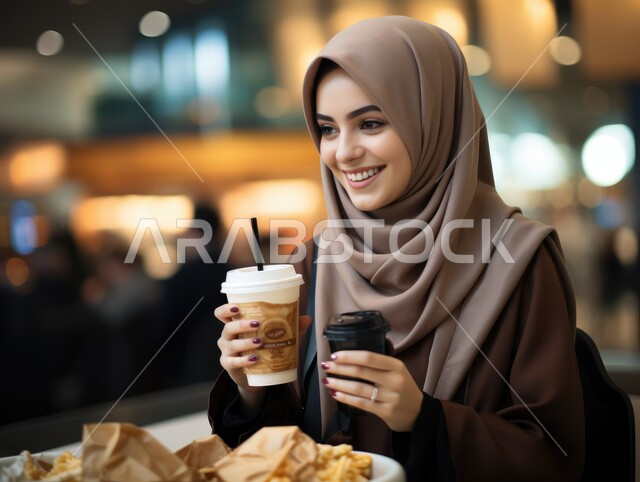 الاستمتاع باحتساء المشروب المفضل، صورة مقربة لسيدة عربية خليجية سعودية محجبة مبتسمة تجلس في احدى المطاعم تمسك بيدها كوب من العصير تنظر الى الكاميرا بإيماءات السرور، الاهتمام بالأناقة والمظهر الخارجي