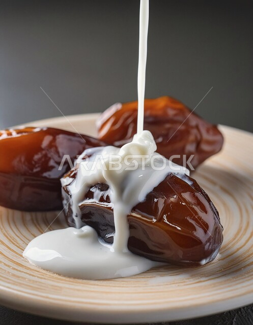 وجبة فطور رمضاني صحي، طعام ذات قيمة غذائية عالية، صورة مقربة لطبق من التمر السكري مع الحليب، انواع من التمور اللذيذة، حسن الضيافه وكرم الإستقبال في الأعياد والمناسبات الدينية في المملكة العربية السعودية