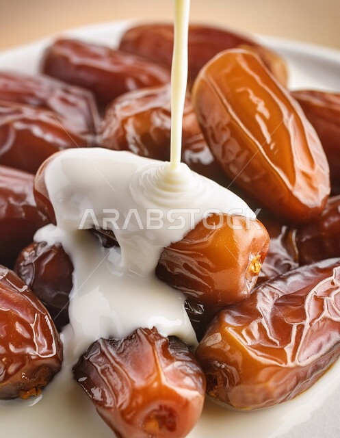 Hospitality and generous reception on holidays and religious occasions in the Kingdom of Saudi Arabia, a healthy Ramadan breakfast, food with high nutritional value, a close-up of a plate of sugary dates with milk, types of delicious dates