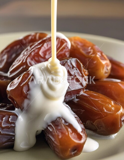 حسن الضيافه وكرم الإستقبال في الأعياد والمناسبات الدينية في المملكة العربية السعودية، وجبة فطور رمضاني صحي، طعام ذات قيمة غذائية عالية، صورة مقربة لطبق من التمر السكري مع الحليب، انواع من التمور اللذيذة