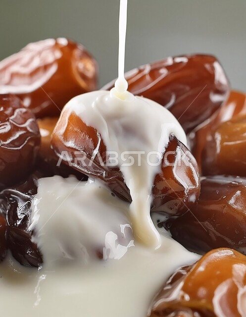 Hospitality and generous reception on holidays and religious occasions in the Kingdom of Saudi Arabia, a healthy Ramadan breakfast, food with high nutritional value, a close-up of a plate of sugary dates with milk, types of delicious dates