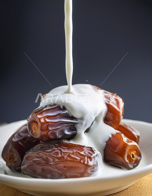 حسن الضيافه وكرم الإستقبال في الأعياد والمناسبات الدينية في المملكة العربية السعودية، وجبة فطور رمضاني صحي، طعام ذات قيمة غذائية عالية، صورة مقربة لطبق من التمر السكري مع الحليب، انواع من التمور اللذيذة