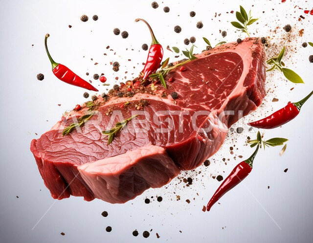 مكونات الطعام الرئيسية الجاهزة للطهي، قطعة من اللحم البقري النيء الطازج مع التوابل والأعشاب والفلفل الحار، لحوم الضأن الحمراء المتبلة، المواد الغذائية والمنتجات الصحية، خلفية بيضاء