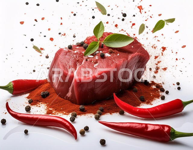 قطعة من اللحم البقري النيء الطازج مع التوابل والأعشاب والفلفل الحار، لحوم الضأن الحمراء المتبلة، مكونات الطعام الرئيسية الجاهزة للطهي، المواد الغذائية والمنتجات الصحية، خلفية بيضاء