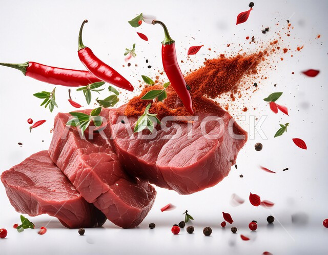 Main food ingredients ready to cook, fresh raw beef piece with spices, herbs and chili pepper, marinated red lamb meat, food and health products, white background