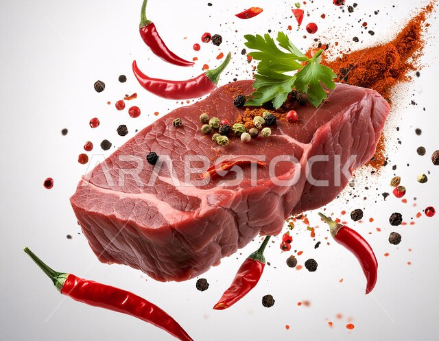 Main food ingredients ready to cook, fresh raw beef piece with spices, herbs and chili pepper, marinated red lamb meat, food and health products, white background