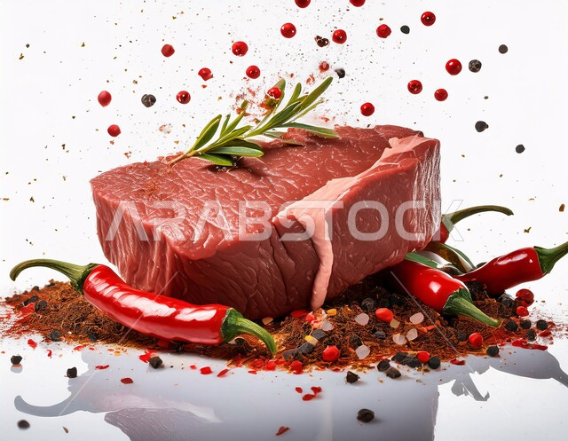 قطعة من اللحم البقري النيء الطازج مع التوابل والأعشاب والفلفل الحار، لحوم الضأن الحمراء المتبلة، مكونات الطعام الرئيسية الجاهزة للطهي، المواد الغذائية والمنتجات الصحية، خلفية بيضاء