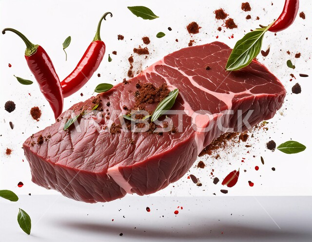 مكونات الطعام الرئيسية الجاهزة للطهي، قطعة من اللحم البقري النيء الطازج مع التوابل والأعشاب والفلفل الحار، لحوم الضأن الحمراء المتبلة، المواد الغذائية والمنتجات الصحية، خلفية بيضاء