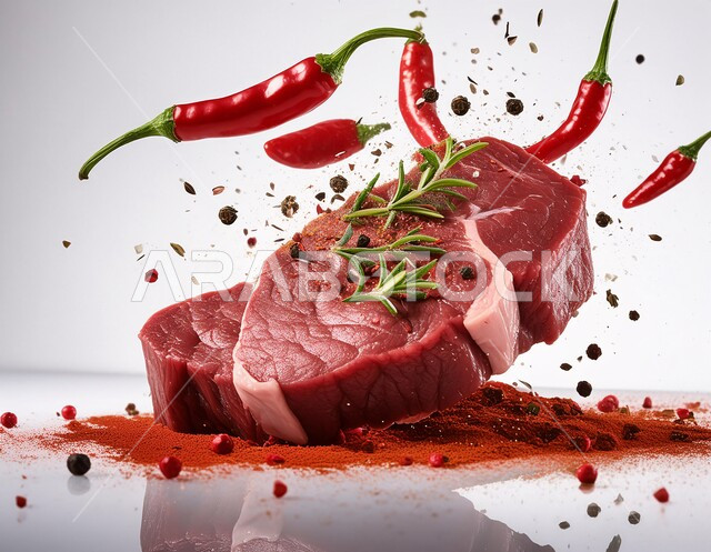 المواد الغذائية والمنتجات الصحية، مكونات الطعام الرئيسية الجاهزة للطهي، قطعة من اللحم البقري النيء الطازج مع التوابل والأعشاب والفلفل الحار، لحوم الضأن الحمراء المتبلة، خلفية بيضاء
