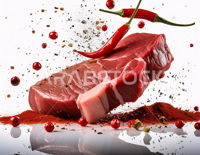 قطعة من اللحم البقري النيء الطازج مع التوابل والأعشاب والفلفل الحار، لحوم الضأن الحمراء المتبلة، مكونات الطعام الرئيسية الجاهزة للطهي، المواد الغذائية والمنتجات الصحية، خلفية بيضاء